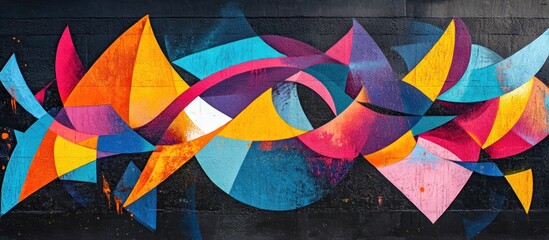 Fototapeta premium An urban canvas with an eye-catching mural showcasing vibrant geometric patterns. The shapes interact with one another, exploding in color against a deep black background, creating a dynamic urban 