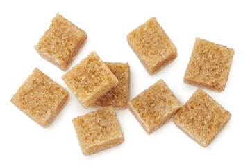 brown sugar cubes isolated on white background. Top view, flat lay