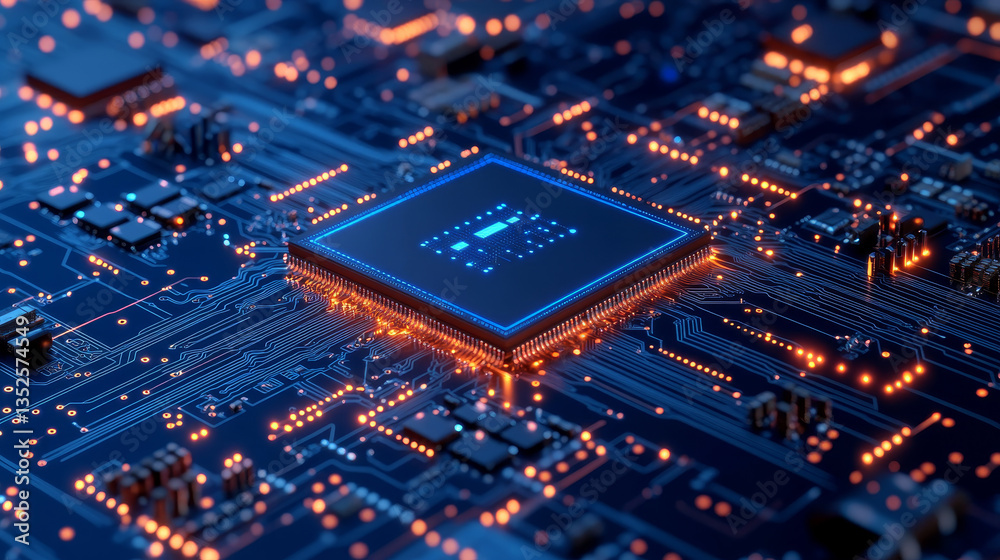 Poster ai chip on a futuristic, blue-light circuit board, represents advanced artificial intelligence and d