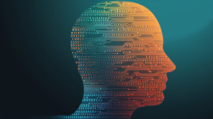 Profile silhouette formed by circuit board pattern with binary code, symbolizing artificial intelligence, digital mind, technological advancement, and future concepts