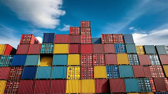 A massive pile of unclaimed shipping containers stacked high, symbolizing the bottleneck effect of a trade war.