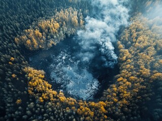 Aerial photograph showing a forest fire with billowing smoke above trees