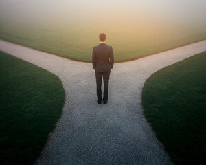 Businessman stands at a crossroads, symbolizing decision-making, future choices, and uncertainty in a foggy landscape
