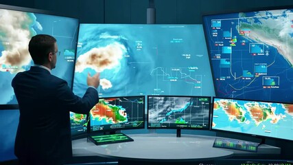 Meteorologist analyzing severe weather data on multiple screens in high-tech control room. concept of weather forecasting, climate analysis, advanced technology, storm tracking. - Powered by Adobe