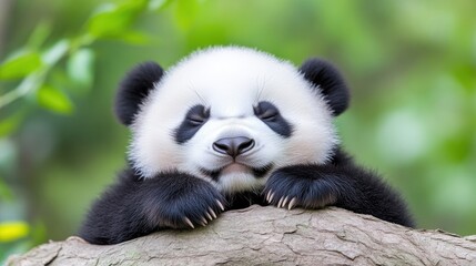 Adorable panda cub resting on a branch