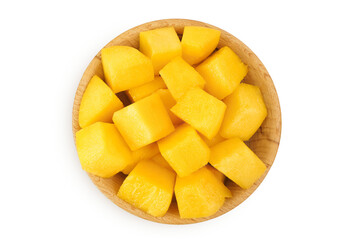 mango diced in wooden bowl isolated on white background. Top view. Flat lay