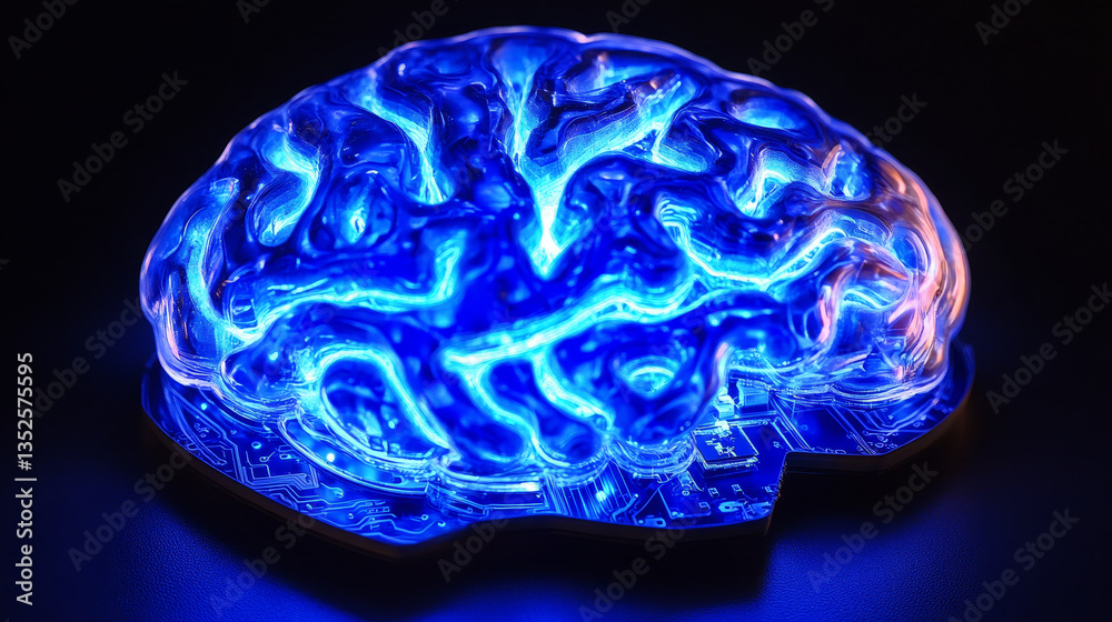 Poster futuristic ai chip with a brain-shaped circuit design glowing on a high-tech blue circuit board, art