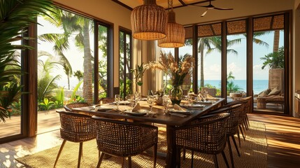 Fototapeta premium a dining room with a large table and chairs, overlooking the ocean, with large windows and doors opening to the outside. 