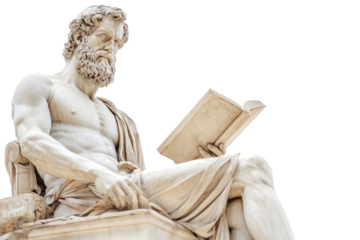 A majestic Greek-style marble statue of a bearded philosopher engrossed in a book, symbolizing wisdom, knowledge, and scholarly pursuit. The intricate details capture the essence of intellectual depth