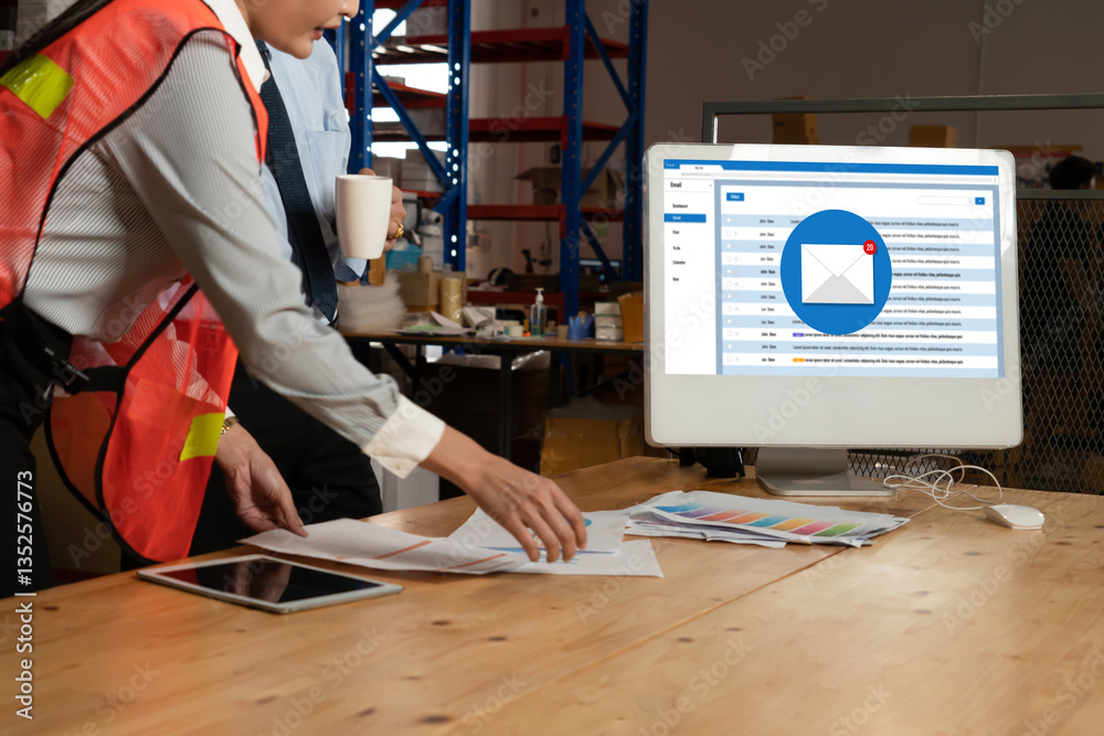 Poster email notification message showing on computer screen snugly. digital marketing message information 