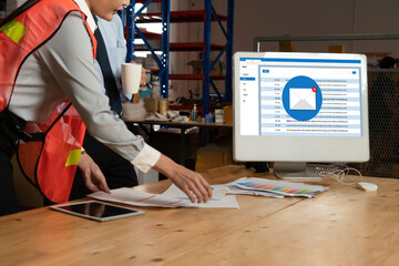 Email notification message showing on computer screen snugly. Digital marketing message information...