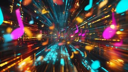 AI generator image of futuristic looking Computer Picture from the front, with many colorful music notes