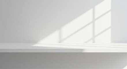 Obraz premium Minimalist White Shelf with Sunlight Shadow Empty Product Display Background
