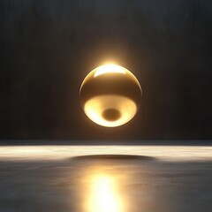 A glowing golden sphere illuminated in a dark studio environment
