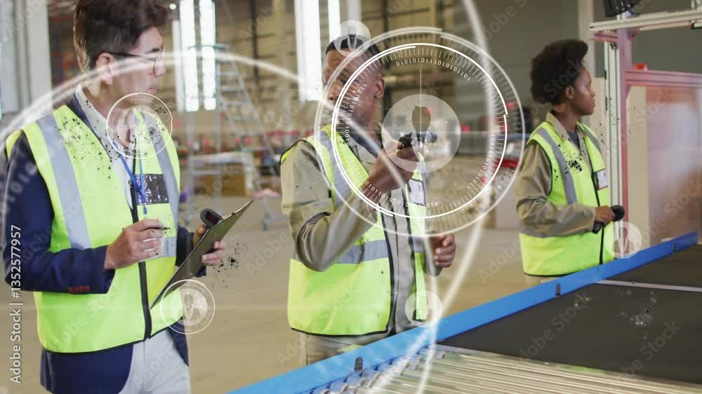 Poster warehouse workers using handheld devices with digital network overlay animation
