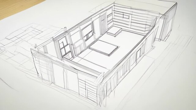Architectural sketch of modern house design with open floor plan. concept of contemporary architecture, home planning, structural design, minimalist interior, innovative housing