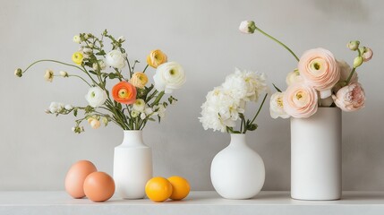 Three white vases with flowers in them on a white shelf against a plain white wall. the vases are tall and slender, with a wide base and a narrow neck.