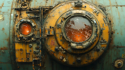 Close-up view of a weathered submarine porthole with cracked glass, showcasing rust and decay, evoking a sense of underwater exploration