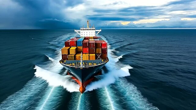 A shipping vessel struggling through a violent storm, symbolizing the risks of global trade.