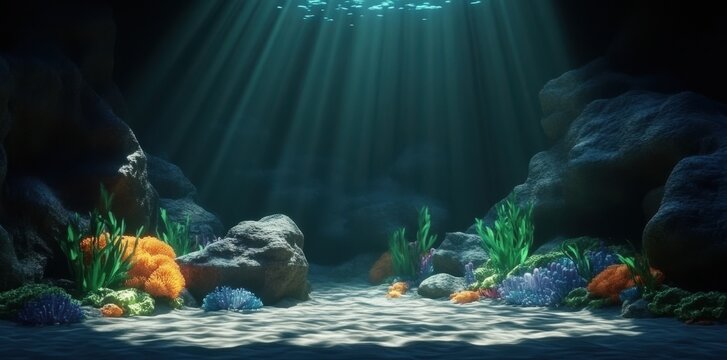 A beautiful underwater scene featuring rocks and aquatic plants