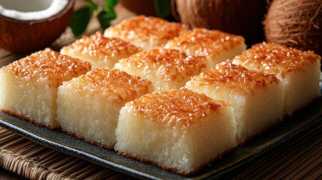 Delicious coconut squares arranged on a plate.  Golden-brown, crispy squares with a light-colored interior are clearly visible.  A plate of baked goods, likely a desser