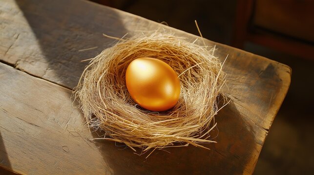 AI generator image of golden eggs,gold eggs in a nest ,stunning golden egg nestled in a cozy nest, symbolizing prosperity and new beginnings, against a soft brown backdrop.
