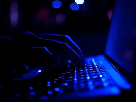 Hands typing on a laptop keyboard illuminated by blue light