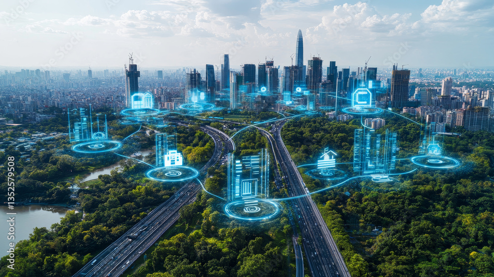 Poster the smart city of cyberspace and metaverse digital data of futuristic and technology, internet and b