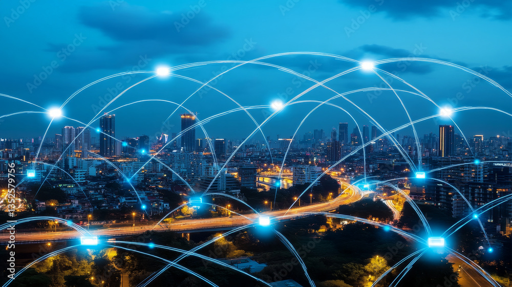 Poster digital city digital cyberspace with particles and digital data network connections, 5g high-speed c