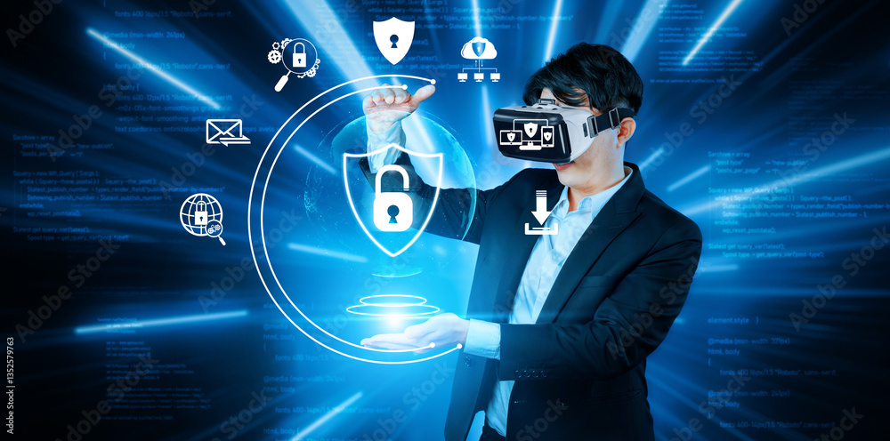 Poster smart business man connecting at global network by using vr glasses. project manager accessing big d