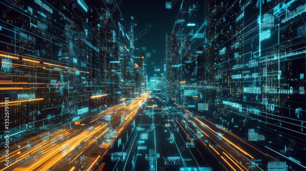 Poster digital city, digital cyberspace with particles and digital data network connections, 5g high-speed 