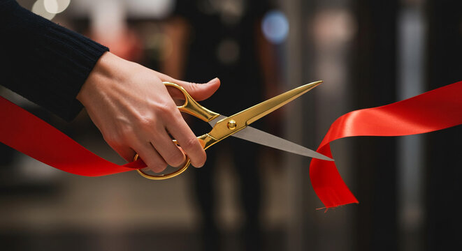 Elegant Gold Scissors Cutting Red Ribbon Grand Opening Ceremony Event