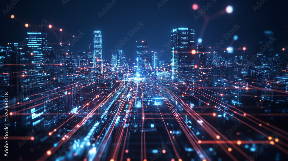 Poster digital city, digital cyberspace with particles and digital data network connections, 5g high-speed 