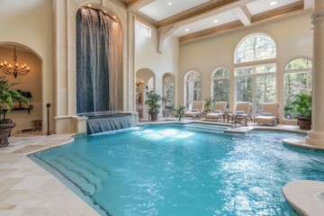 Luxurious indoor pool and spa area features a beautiful waterfall