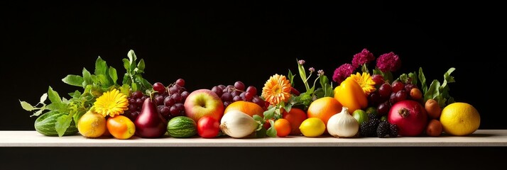 Vibrant Fruit and Vegetable Still Life - A colorful arrangement of fresh fruits and vegetables, including grapes, apples, pears, and more, artfully displayed against a black background