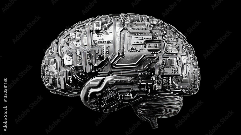 Poster digital brain within a futuristic interface symbolizes artificial intelligence, neural networks, and