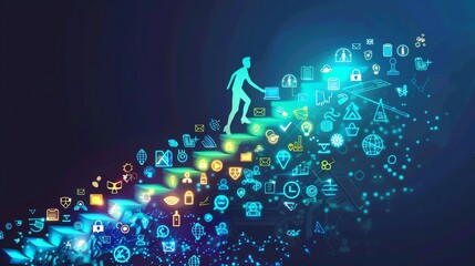 Start your own business inspiration A powerful visual of a person climbing a staircase made of glowing business icons, each step representing progress in their entrepreneurial journey
