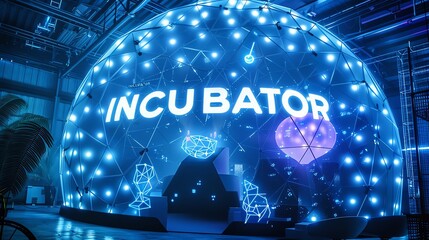 Start your own business inspiration A massive futuristic INCUBATOR dome, glowing with startup energy and AI-powered creativity