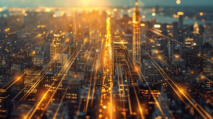 Start your own business inspiration A data-driven metropolis, where golden light trails represent financial growth and innovation