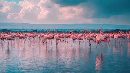 Naklejka premium a beautiful flamingos in the lake over the sunset 