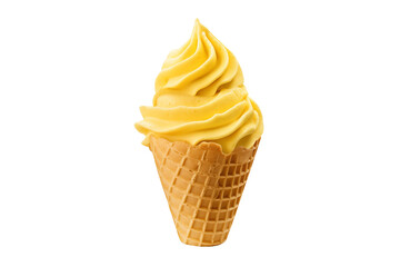 Soft serve yellow ice cream swirled on waffle cone with grid pattern.
