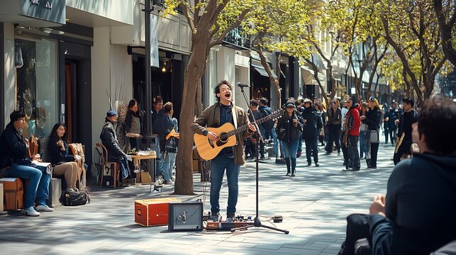 A lively street performance with musicians, street artists, and an engaged audience enjoying the creative atmosphere