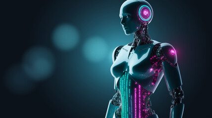 Teal female robot, glowing neon accents, dark background, showcasing technological advancement and artificial intelligence, suitable for tech or sci-fi concepts free space