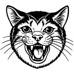 a close-up illustration of a cat's face with its mouth open, showing its teeth. The cat's face is depicted in a detailed, graphic style