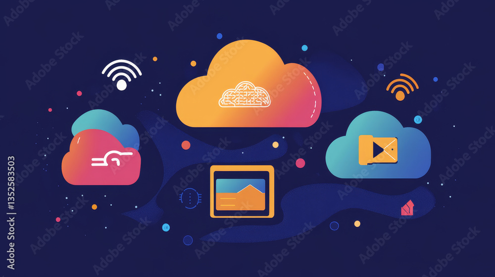 Poster cloud and edge computing technology concept with cybersecurity data protection system. three large c