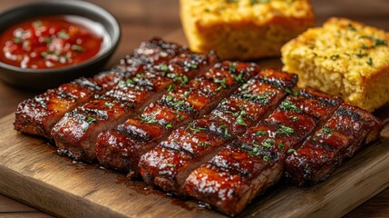 Delicious BBQ Pork Ribs with Cornbread and Spicy Sauce Close up