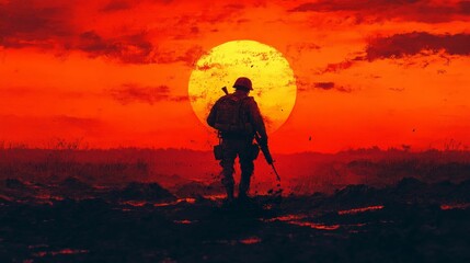 Obraz premium Soldier silhouetted against a fiery sunset.