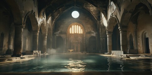 An ancient and mysterious stone bath house filled with water