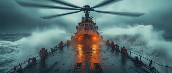 AI generator image of  rescue helicopter,helicopter is Crane Vessel ship with men on board, over the sea in stormy weather. The scene captures their action against the backdrop of rough waves 