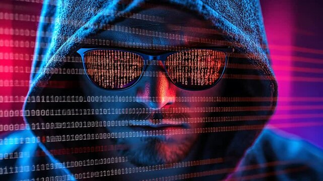 Mysterious hacker with binary code reflection in glasses, conceptual cyberpunk scene